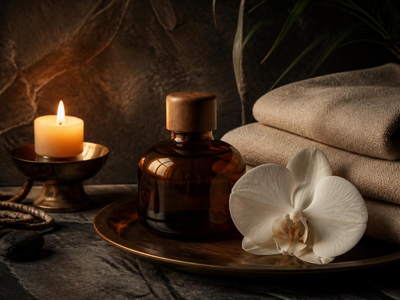 Warm massage oil, linen towels, candle and orchid arranged on dark stone