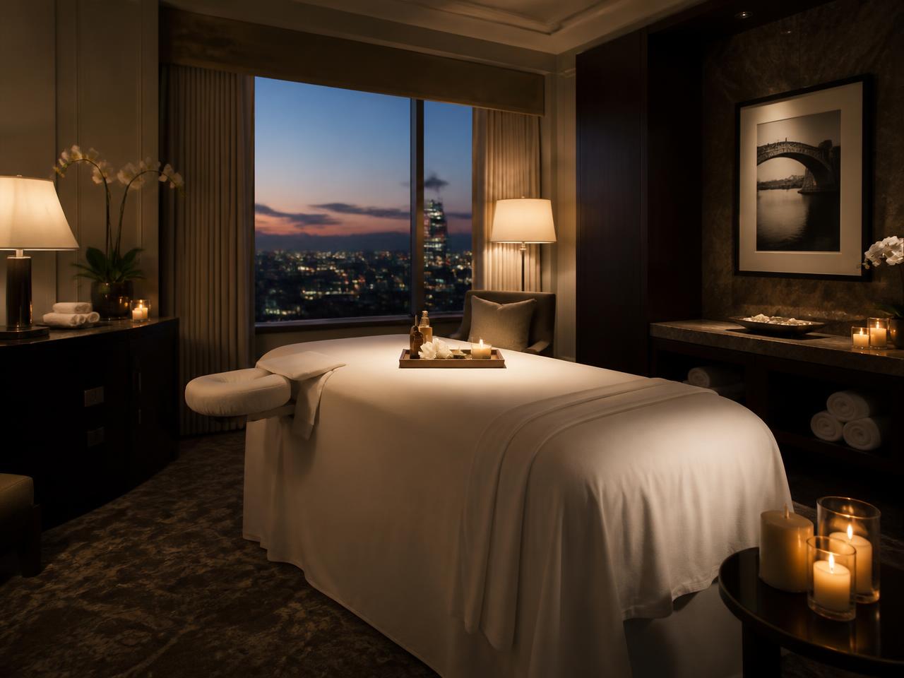 Massage table prepared with white linens in a candlelit hotel suite at dusk
